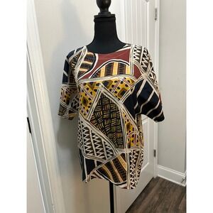 NICOLA Geometric Abstract Print Short Sleeve Tunic Top Women Size L Polyester‎